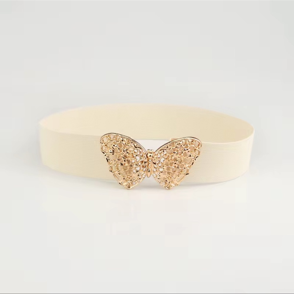 47. Ella Elegant Gold Elastic Waist Butterfly Belt in cream